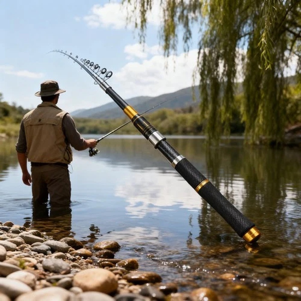 Portable Telescopic Fishing Rod 2.1M and 1.6M FRP Black Compact Design